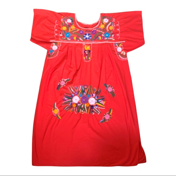 Handmade Hawaiian Boho Floral Embroidered Muumuu Maxi Dress - Picture 3 of 9